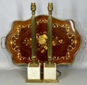 PAIR OF BRASS & ALABASTER EFFECT TABLE LAMPS, with reeded columns, light blue shades, 62cms (h);