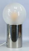 RETRO ALINA STYLE TABLE LAMP, chrome cylindrical base and opaque globular glass shade, 46cms (h)