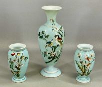 MILK GLASS VASE TRIO, pale blue with blossom and colourful bird and butterfly decoration, pair 15.