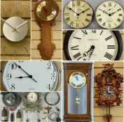WALL CLOCKS, including quartz cuckoo clock, 40cms (h); Widdop mahogany cased wall clock, 64cms (