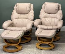 PAIR OF TWO-TONE VINYL UPHOLSTERED EASY CHAIRS, swivel and recline, 100 (h) x 80 (w) x 63cms (d);