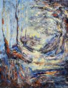 VALDA STERNE (b. 2000) oil on board - Woodland path in morning light, signed, 50 x 39cms Comments: