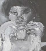 JACQUELINE ALKEMA (b. 1948) oil and pastel - entitled verso 'Girl Holding a Cup', 17 x 16cms