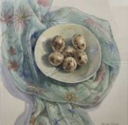 JANET SKEA watercolour - 'Quails Eggs in Bowl', signed, 18 x 18cms Provenance: donated to aid City