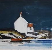 JO DAVIES gouache, watercolour and ink - entitled 'The Croft and The Curragh', 14 x 14cms