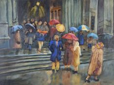 JEAN MCNAUGHTON (Contemporary) oil on canvas - Soft Sunday, figures leaving St. Patrick's Cathedral,