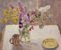 LYNNE CARTLIDGE (b. 1964) oil on board - entitled 'Buddleia with Yellow Flowers and Saucer' on