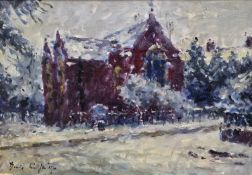 DAVID GRIFFITHS MBE (b. 1939) oil on board - 'St Edwards Church in Winter', signed, 24 x 35cms