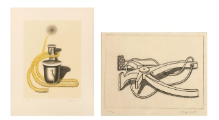 Auf der Lauer (Spannzange) und der Auserwählte (Telefonhörer), zwei Grafiken