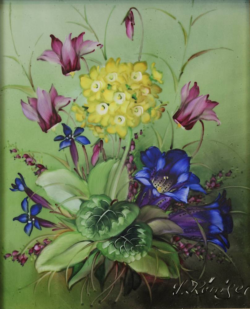 Königer, Siegfried (1909 - 1982), Blumenstillleben mit Enzian, Wildalpenveilchen u. gelber Blume, - Image 2 of 3