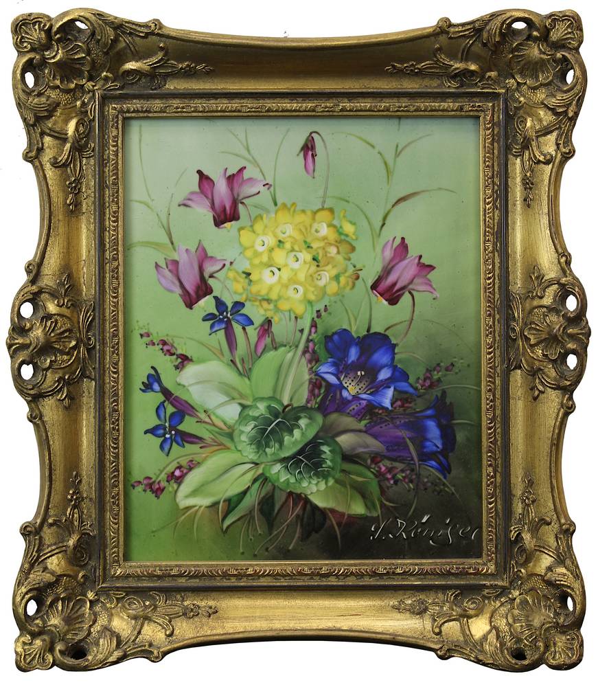 Königer, Siegfried (1909 - 1982), Blumenstillleben mit Enzian, Wildalpenveilchen u. gelber Blume,