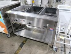 Gusto steam table w/ 3) heated wells, on casters