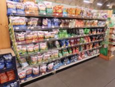 Lozier shelving uprights, base, & wire shelving for chip bags, 12' run