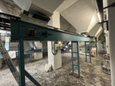 Chain Conveyor, approx. 250mm wide on casing, approx. 8.7m long, with geared electric motor and