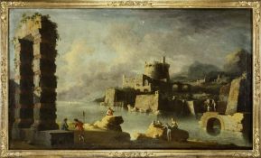 Coccorante, Leonardo - attributed to: Capriccio of ruins and southern harbour with anglers.