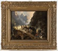Accident with a horse-drawn carriage in the high mountains, 19th century genre painter
