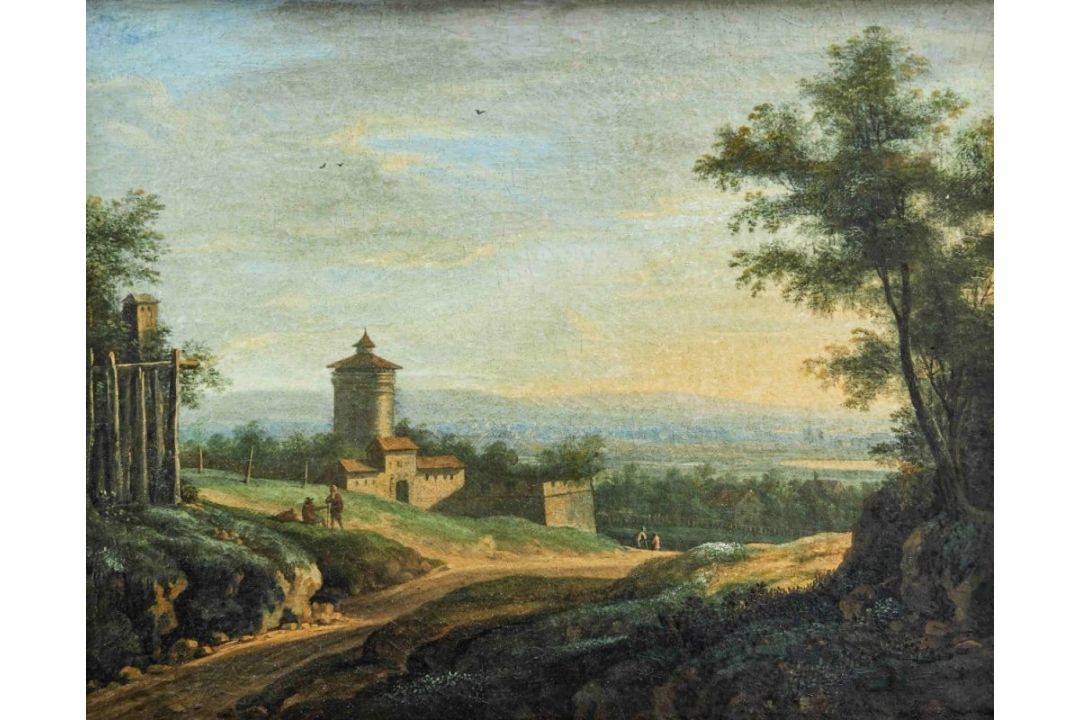 Blick vom Waldrand auf eine sanft hügelige Landschaft, Maler der Familie Bemmel, 2. H. 18. Jh. - Bild 2 aus 4