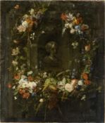 Bust of a woman in a garland of flowers, Flemish master of the 17th century