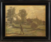 Orth, John William (Johann): Farmer with a scythe on a country lane in front of a village