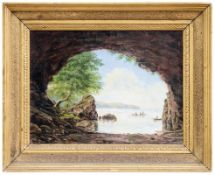 View from a grotto onto a coastline with rowing boats, Romantic painter of the 19th cent. 