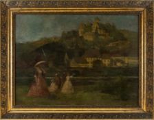River landscape with elegant strollers, 20th century