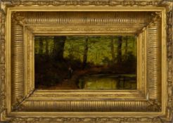 Lambinet, Emile-Charles: Maid on a forest path by the shore of a pond