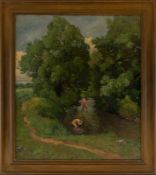 Orth, John William (Johann): Summer Stream Landscape with Men Bathing