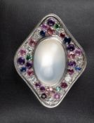 Mondstein-Brosche/Anhänger mit Farbedelsteinen und Diamanten, Deutschland, 1970er Jahre