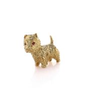 Estate 18k Yellow Gold Round Ruby Eyed Scottie Dog Brooch