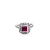 Estate 14k White Gold Synthetic Square Ruby and Diamond Halo Ring