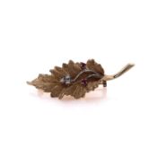 Estate 14k Two Tone Ruby and Diamond Leaf Design Pin