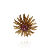 Estate 18k Yellow Gold Flower Spray Pink Sapphire Brooch