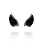 Estate 14k Yellow Gold Scalloped Wing Design Onyx and Diamond Stud Earrings