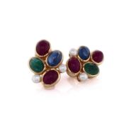Estate 14k Yellow Gold Emerald Sapphire Ruby and Cultured Pearl Earrings