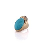 Estate 14k Yellow Gold 26x18mm Cabochon Turquoise and Diamond Ring