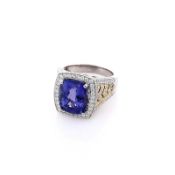 Estate 18k Two-Tone Cushion-Cut Tanzanite and Diamond Halo Ring