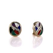 Estate Asch Grosbardt 14k Yellow Gold Multi-Stone Inlay Clip On Stud Earrings