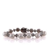 Estate 14k White Gold Alternating Akoya Pearl and Diamond Bracelet