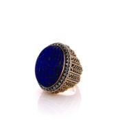 Estate 14k Yellow Gold Carved Lapis and Diamond Halo Ring