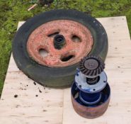 A Fordson Major E27N belt pulley and front wheel