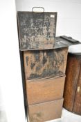 Four vintage deed or similar boxes, in need of restoration