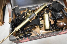 A selection of antique and vintage bygones including sprayers, hand pump, mincer, blowtorch etc