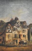 A 19th century Naive school oil on canvas, Tudor Inn at dusk, unsigned within a moulded gilt