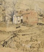 Caroline Ann Metcalfe-Gibson (Contemporary) A pen, ink and chalk drawing titled 'Water Houses'.