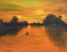Artist unknown, a 20th century oil on board 'Sunset over The Thames' a warm colourful riverscape