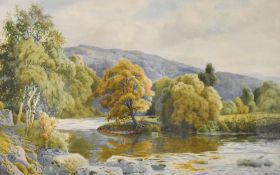 Artist unknown, 20th century English school watercolour, pleasing autumnal river scene, indistinctly