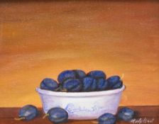 Local interest* R. D. Nelson, oil on canvas 'Damsons in a China Bowl', signed lower left, within a