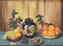 B.A Markland (British 20th century) oil on board still life study 'Moorcroft Ginger Jar and Fruit'
