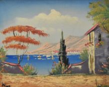 A colourful 1970's Mediterranean scene oil on canvas, probably a Greek or Italian coastal scene,
