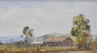 Joan Page (British 1929-1989) oil on board, landscape with farm buildings, signed lower left, within